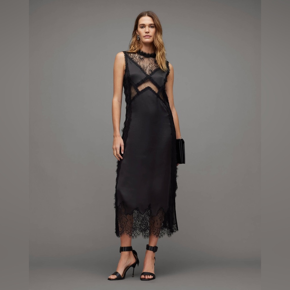 NWT AllSaints Mila Lace Panelled Frill Trim Maxi Dress 6